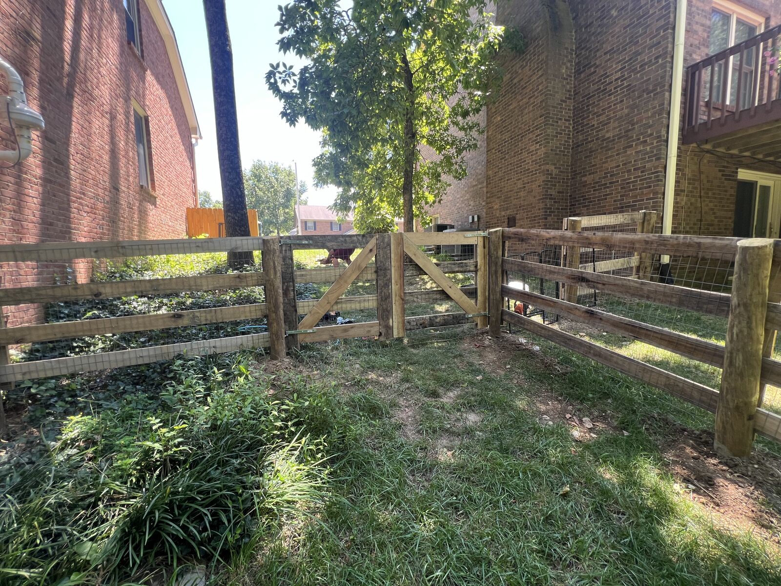 Wood board fence with a matching double gate between two homes